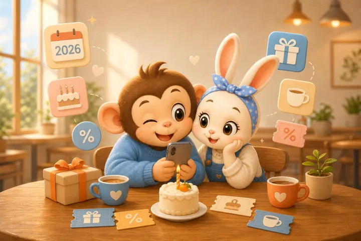 생일 혜택 정보글의 승이·귤이 일러스트